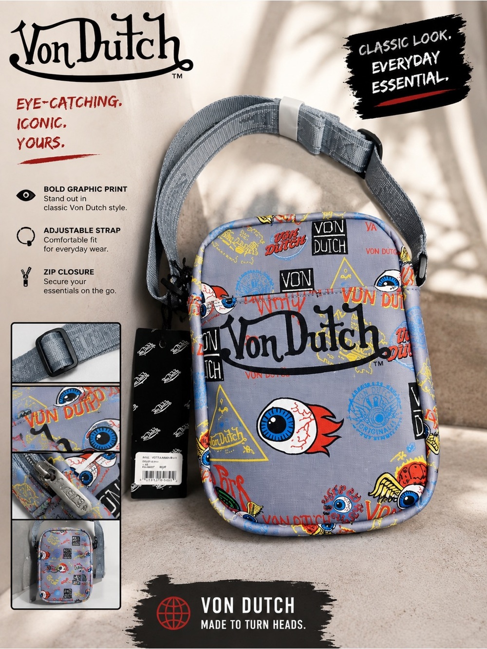 Von Dutch Gray Small Zip Crossbody Bag w/ Adjustable Strap Logo Printed